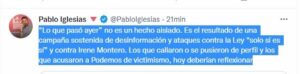Pablo Iglesias dice que el ataque a Montero de Vox "no es aislado" y pide reflexionar a los "que se pusieron de perfil"
