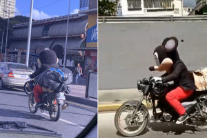 Un “Mickey Mouse” manejando una moto fue captado en la avenida Libertador de Caracas (+Video)