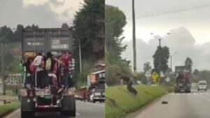 Video: 11 jóvenes viajaron colgados a un camión en la autopista Medellín - Bogotá - Medellín - Colombia