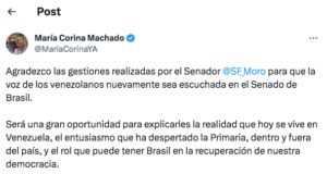 María Corina Machado fue invitada por senadores para dar discurso en Brasil