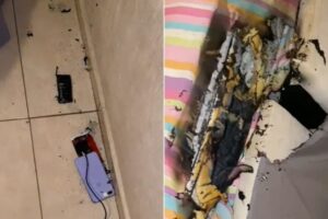 Su celular explotó cuando lo cargaba en el suelo y hasta el colchón se quemó (+Video)