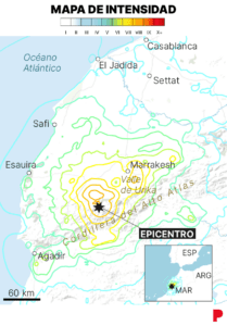 mapa del terremoto en Marruecos del 9 de septiembre de 2023, a 60 km de Marrakesh