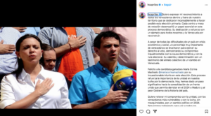 Henrique Capriles felicitó a Maria Corina Machado y reiteró su compromiso con la unidad