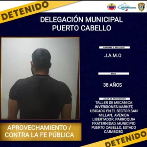 Hombre detenido por posesión de moto con falsa documentación en Puerto Cabello 