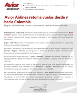 Avior Airlines volará hacia Colombia en el 2024