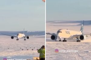 El impresionante aterrizaje de un Boeing sobre una pista de hielo en la Antártida (+Video)