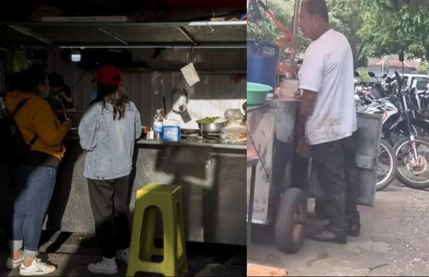 Exhiben a vendedor de comida haciendo sus necesidades en su puesto de trabajo