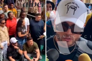 Gustavo Elis, Lion y un integrante de la Melodía Perfecta acudieron al CNE para manifestar su apoyo a referéndum por el Esequibo