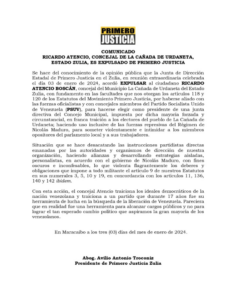 Expulsado concejal Ricardo Atencio de Primero Justicia por pactar con el PSUV, de acuerdo con comunicado