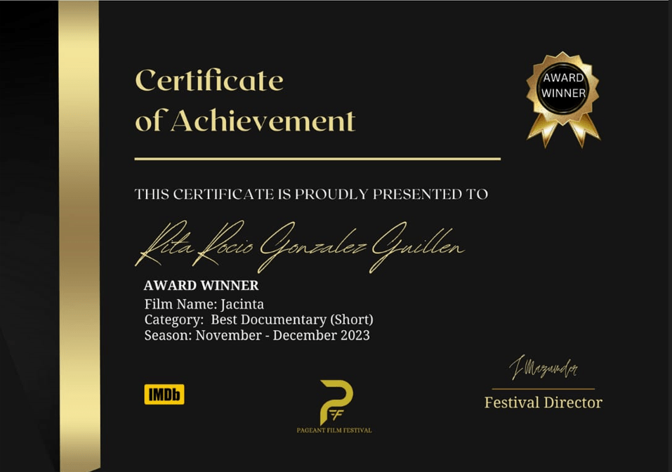 Película zuliana “Jacinta” obtuvo el premio al mejor cortometraje documental en el Festival Internacional de Cine Pageant en la India
