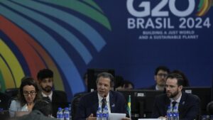 El ministro de Economía de Brasil, Fernando Haddad, este jueves durante su intervención en la reunión del G20 en Sao Paulo.