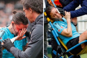 El fuerte choque que sufrió una mujer árbitro contra un camarógrafo durante un partido de fútbol (+Video)
