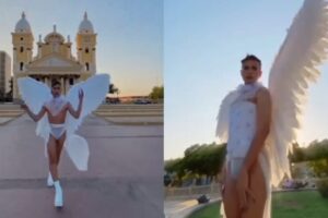 Modelo posó frente a la Basílica de La Chinita vestido como un ángel y lo metieron preso (+Video)