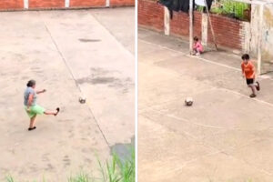 se viraliza un video de una abuelita jugando fútbol con su nieto (+Video)