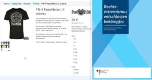 A la izquierda, una camiseta con yugo y flechas falangistas de venta en la tienda online de los neonazis europeos. A la derecha, la portada del documento alemán de estrategia contra la extrema derecha.