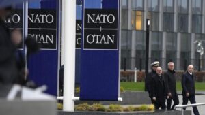 El secretario general de la OTAN, Jens Stoltenberg, llega a la sede de la organización para asistir a la ceremonia por el 75 aniversario.