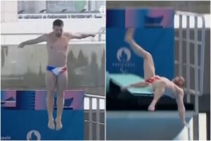 Nadador francés sufrió aparatosa caída en presentación de centro de competencias de JJOO de París (+Video)