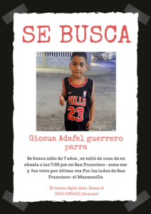 Servicio público: El niño Giosua Guerrero se encuentra desaparecido