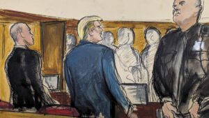 Donald Trump ante el jurado, en una ilustración del inicio de la vista de este lunes en el tribunal de Manhattan.