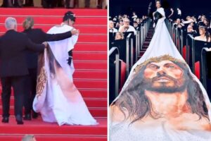 Actriz dominicana se enfrentó a seguridad del festival de Cannes que le impidió mostrar su vestido con el rostro de Jesús (+Video)