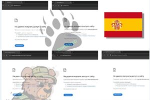 Pantallazos de prueba de caída de las páginas españolas atacadas que muestra el canal en ruso de NoName, con su logo habitual de garra de oso