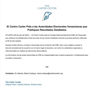 Centro Carter pide al CNE publicar los resultados de las elecciones «de inmediato»