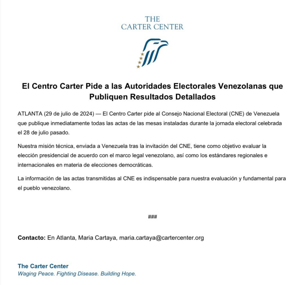 Centro Carter pide al CNE publicar los resultados de las elecciones «de inmediato»