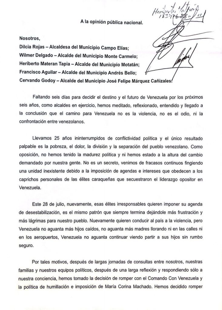 Cinco alcaldes opositores del estado Trujillo se declararon independientes y apoyaron la candidatura de Maduro