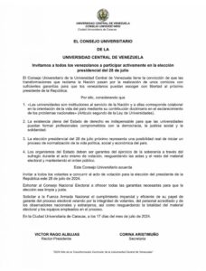 Consejo Universitario de la UCV envía mensaje a votantes, CNE y Fuerza Armada por elecciones del #28Jul