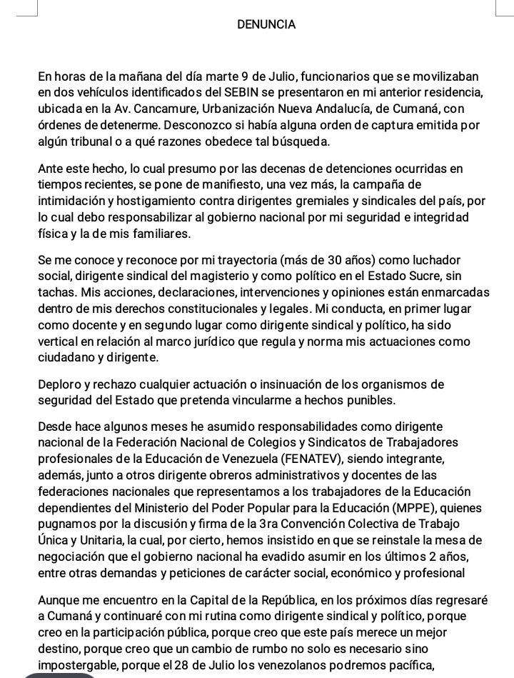 Dirigente educativo José Teixeira denuncia que funcionarios del Sebin intentaron detenerlo en Cumaná