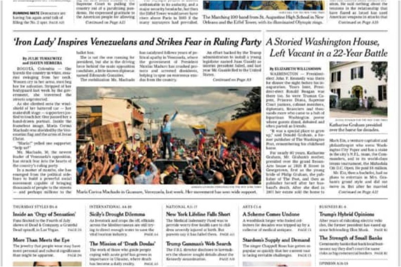 El New York Times dedicó un artículo en portada a María Corina Machado