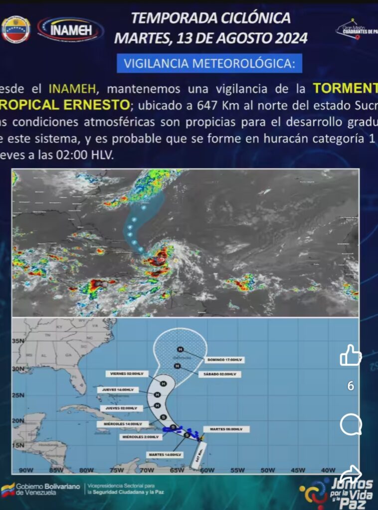 Inameh mantiene «vigilancia» sobre la Tormenta Tropical Ernesto