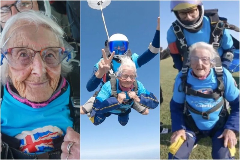 Una señora decidió celebrar su 102 cumpleaños saltando en paracaídas (+Video)
