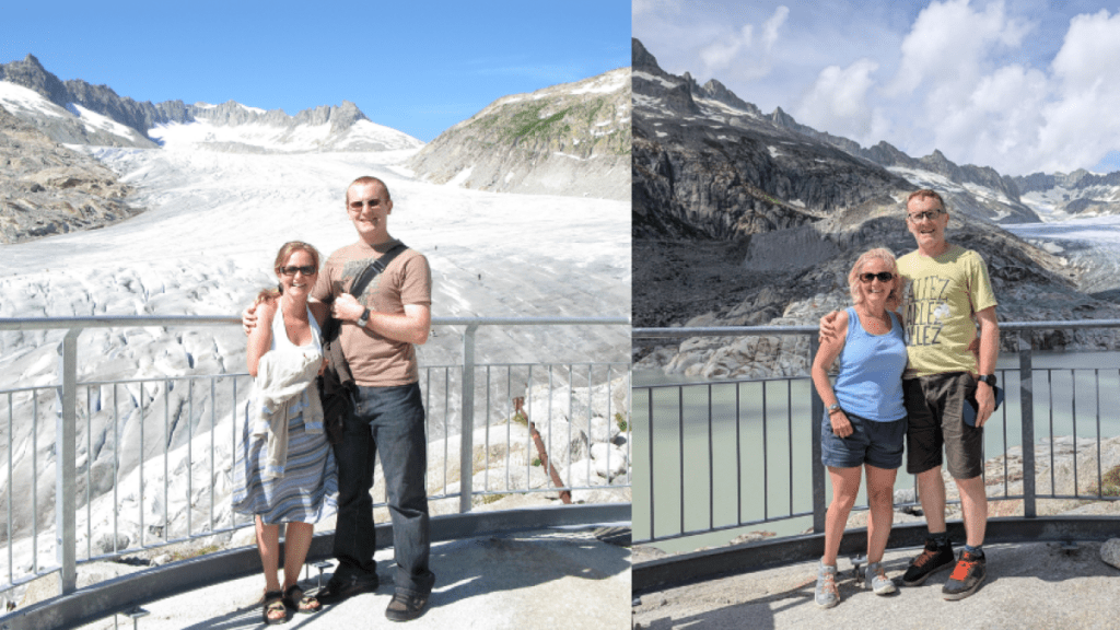 pareja repite foto después de 15 años y muestra glaciares derritiéndose en Suiza