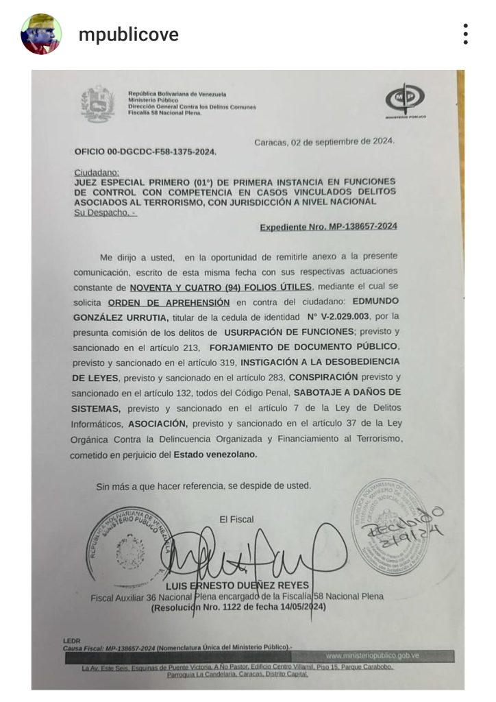 MP solicita orden de aprehensión contra Edmundo González | Diario El Luchador