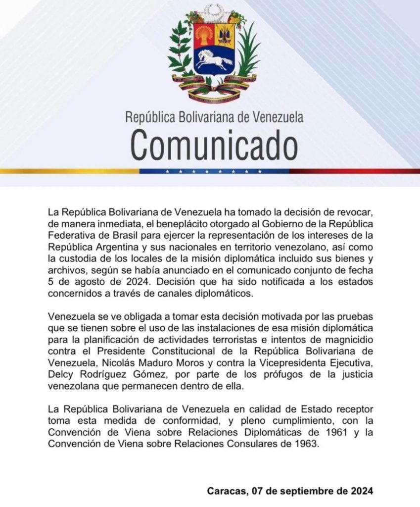 Venezuela revoca beneplácito otorgado a Brasil sobre embajada de Argentina | Diario El Luchador