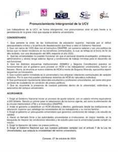 Gremios y sindicatos de la UCV exigen al Gobierno ajustar el salario mínimo en $ 200