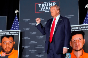 Trump usó rostros de miembros del Tren de Aragua en un mitin para promover su lucha contra el crimen organizado