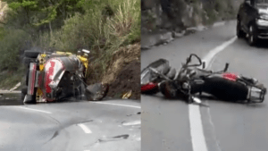 Video del momento exacto de accidente de camión cisterna que se volcó en carretera de Santander: un motociclista resultó lesionado