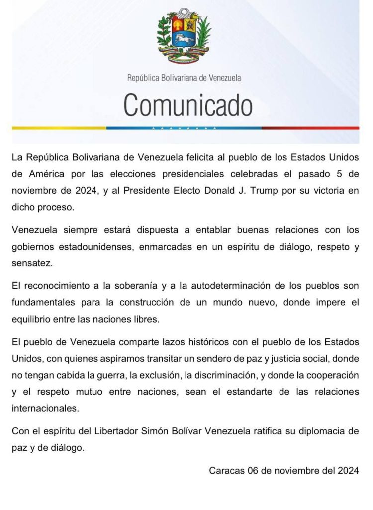 Gobierno de Venezuela felicita a Trump y reafirma su disposición al diálogo | Diario El Luchador