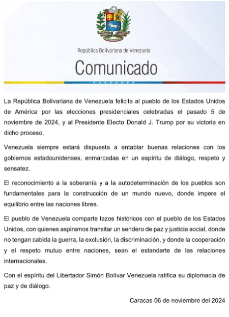 Gobierno venezolano felicitó a Donald Trump y se mostró dispuesto a “entablar buenas relaciones” con administración estadounidense (+Comunicado)