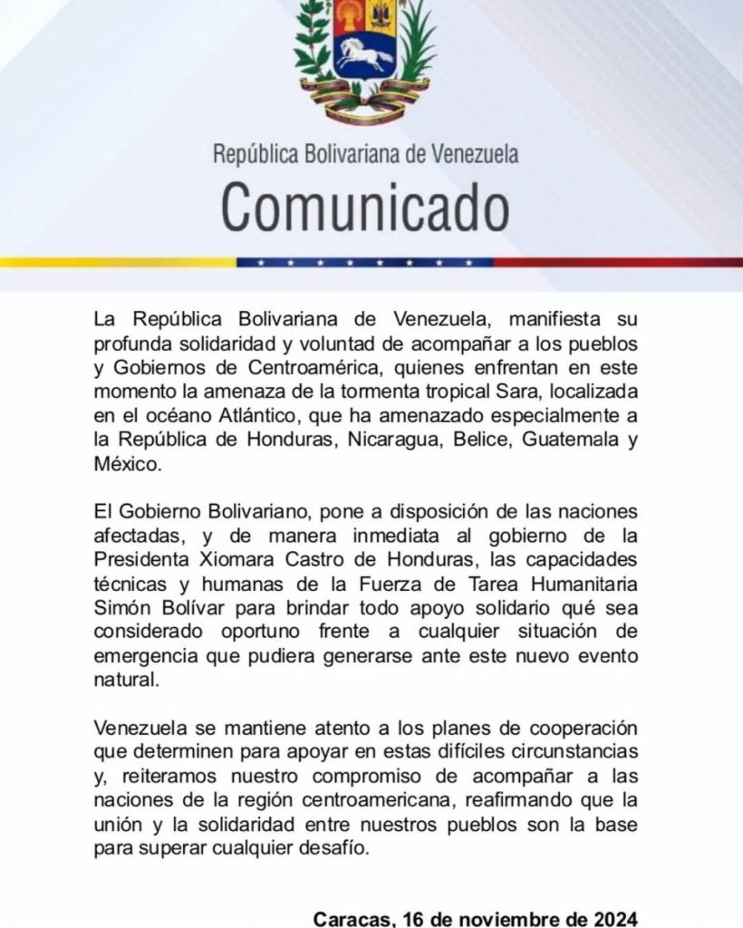Venezuela ofrece ayuda a los países amenazados por la tormenta tropical Sara | Diario El Luchador