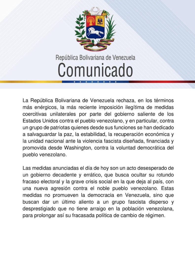Venezuela rechaza imposición de sanciones a funcionarios por parte de EE.UU. | Diario El Luchador