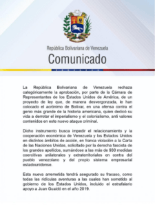 Venezuela rechazó proyecto ley de EEUU que afecta relaciones de cooperación | Diario El Luchador