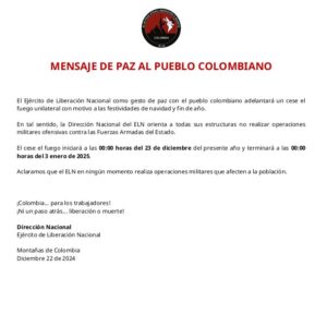 ELN anunció cese al fuego unilateral por Navidad y Año Nuevo