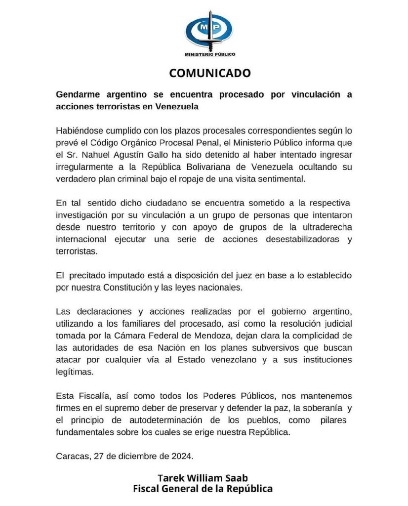 Fiscal Saab informa que gendarme argentino se encuentra procesado por vínculos con acciones terroristas en Venezuela | Diario El Luchador