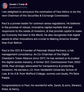 Trump nombra al procriptomonedas Paul Atkins como presidente de Comisión de Bolsa de EEUU