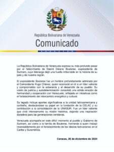 Venezuela lamenta el fallecimiento de Desiré Delano Bouterse, expresidente de Surinam | Diario El Luchador
