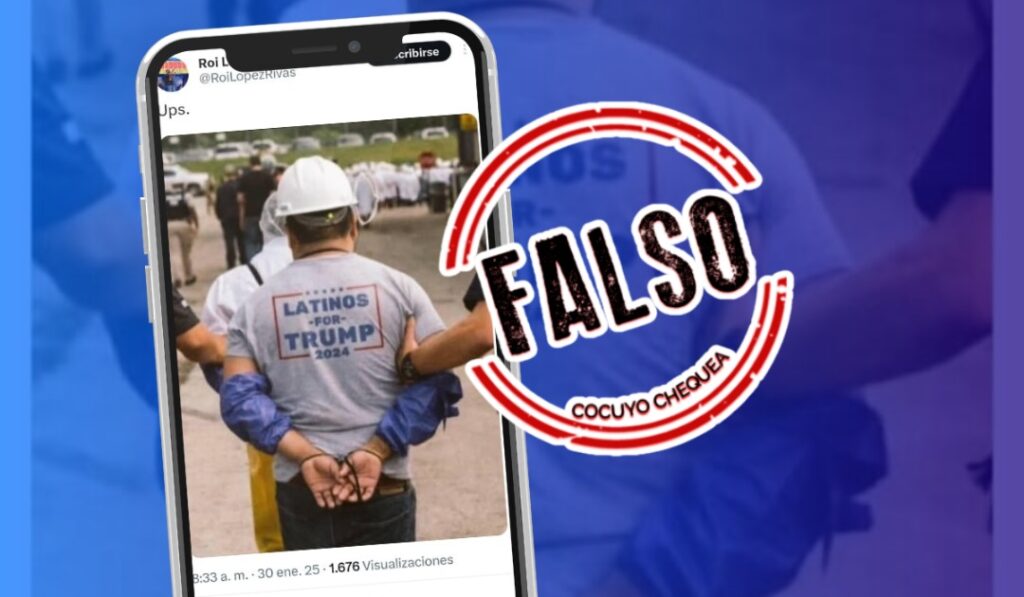 Es falsa la imagen de hombre con camiseta de “Latinos for Trump 2024” detenido por funcionarios de Inmigración de EE.UU.