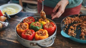 Pimientos rellenos de arroz y salchicha, una receta barata y fácil de preparar en casa